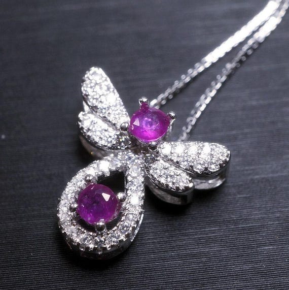 Ruby Necklace  - 925 Sterling Silver - Gemstone Butterfly - White Gold coated - Ruby Necklace #238