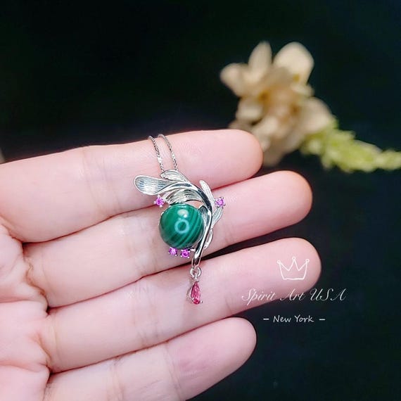 Genuine Malachite Necklace - White Gold Sterling Silver Feather Dangle Pendant -  Leaf Heart Chakra Malachite Pendant Jewelry #527