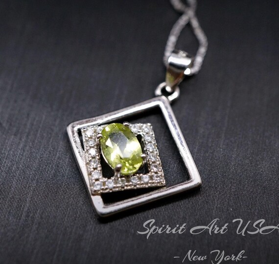 Tiny Geometric Square Peridot Necklace,  Double Square, Genuine Natural Peridot Pendant Sterling Silver White Gold Plated   #168