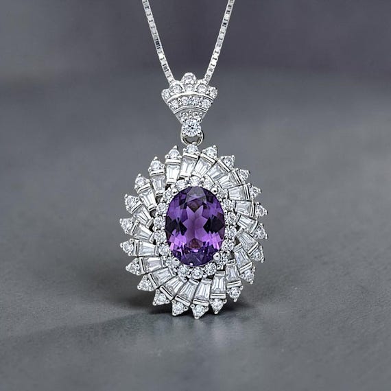 Natural Amethyst Necklace Double Halo Amethyst Pendant Genuine Purple Gemstone - February Birthstone 18KGP @ Sterling Silver #834