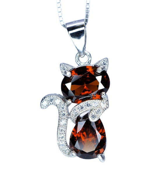 Spessartite Garnet Necklace - 18KGP @ Sterling Silver -  Gemstone Kitty Cat Pendant - Pet lover gift -  Kitten   Garnet Jewelry #212