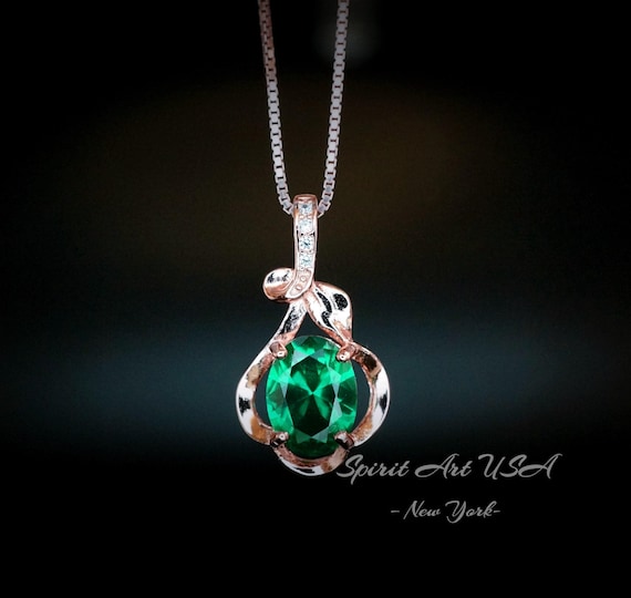 Tiny Rose Gold Coated 925 Sterling Silver Flower Of Life Pendant , Emerald Necklace ,  May Birthstone Jewelry 078