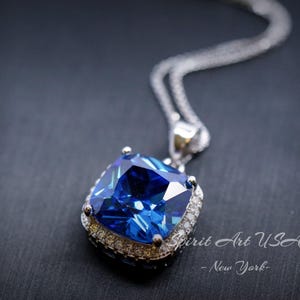 Large Radiant  Blue Sapphire Necklace -  925 Sterling Silver Made Sim Gemstone White Gold September Birthday Blue Gemstone Jewelry #549