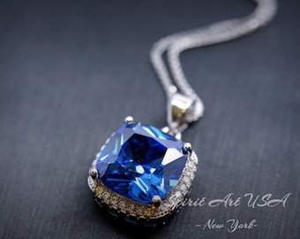 Large Radiant  Blue Sapphire Necklace -  925 Sterling Silver Made Sim Gemstone White Gold September Birthday Blue Gemstone Jewelry #549