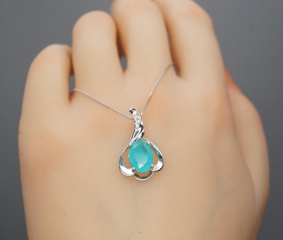 Blue Paraiba Necklace - Sterling Silver - Paraiba Tourmaline Jewelry - White Gold   Blue Gemstone Pendant - Simple 18KGP Jewelry #010