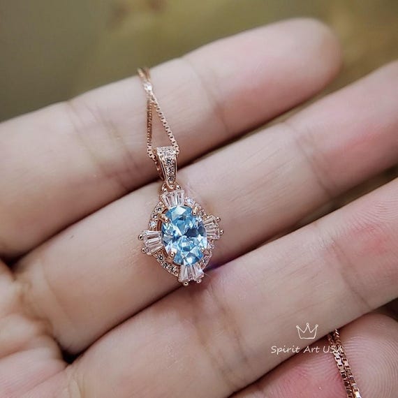 Tiny Aquamarine Necklace - Rose Gold 925 Sterling Silver Gemstone Halo Blue Aquamarine Pendant  March Birthstone 076