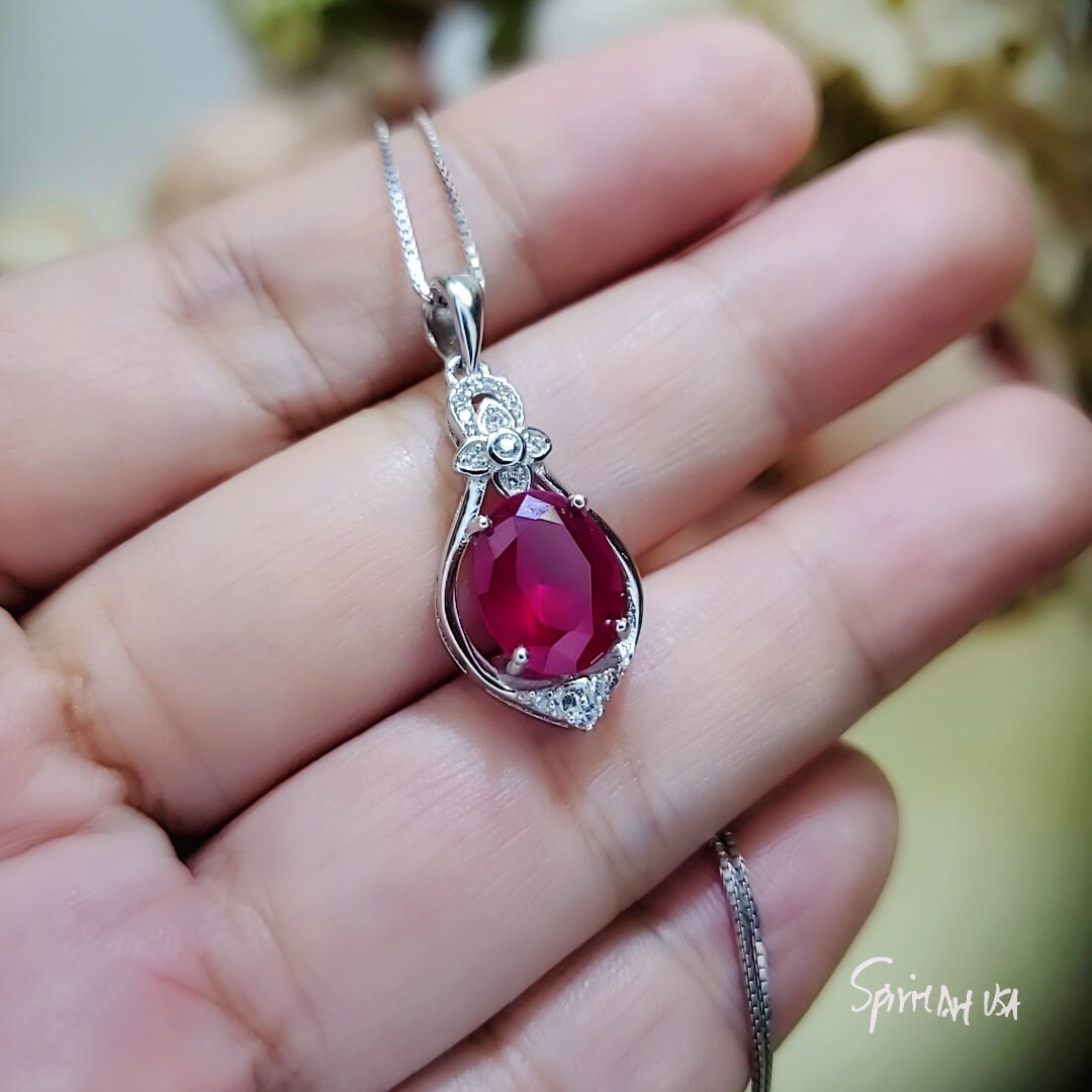 Red Ruby Necklace Oval 2.8 CT Red Ruby Pendant Tiny Diamond | Etsy