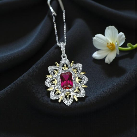 Ruby Necklace -Water Lily Flower Pendant - White  Plated Sterling Silver - 1 CT  Ruby Pendant - Goddess Athena Necklace #560