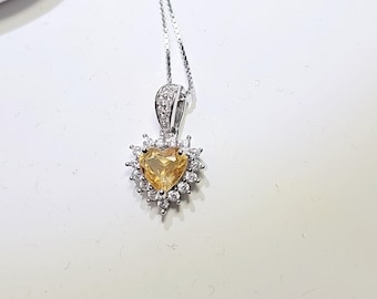 Sterling Silver Citrine Heart Necklace - Super Tiny Minimalist Genuine Natural Citrine Pendant 093