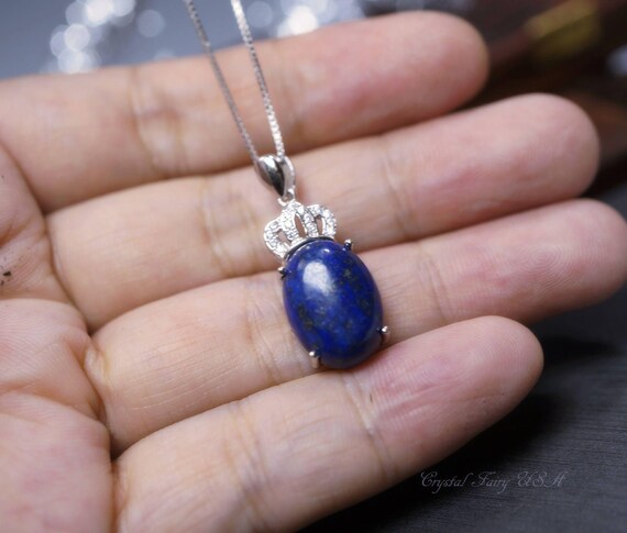 Lapis Lazuli Necklace, Sterling Silver Royal Crown Blue Lapis Pendant, The Vampire Diaries Jewelry 1048