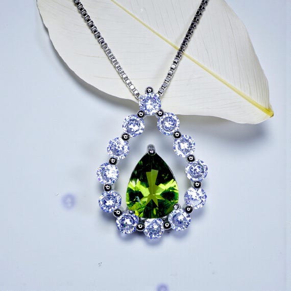 Natural Teardrop Peridot Necklace  Dainty Genuine Green Peridot Pendant Gemstone Rounded Halo Green Gemstone August Birthstone Jewelry #499