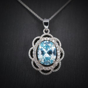 Blue Aquamarine Necklace Silver - March Birthstone -  Life Of Flower -Halo Solitaire 2.2 CT -  Blue Aquamarine Jewelry #478