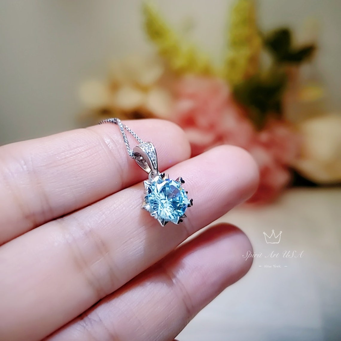Diamond Star Blue Aquamarine Necklace White Gold Plated Etsy