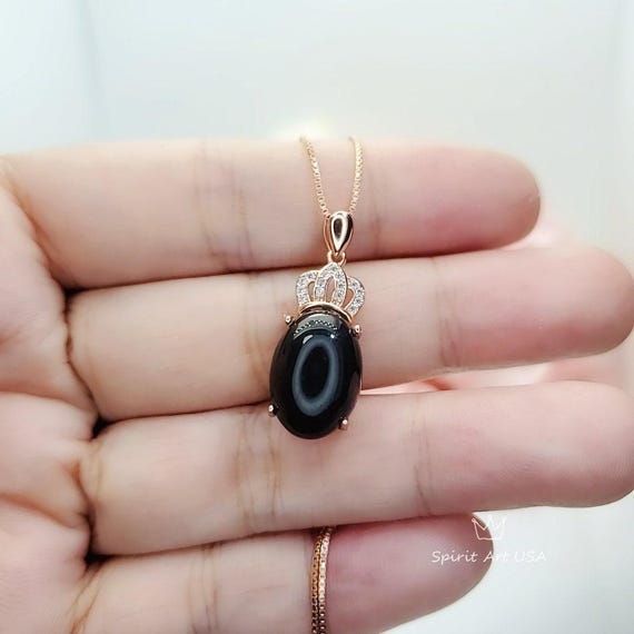 Black Onyx Necklace, Gemstone Crown Rose Gold coated 925 Sterling Silver Black Onyx Pendant  Root Chakra Healing #430