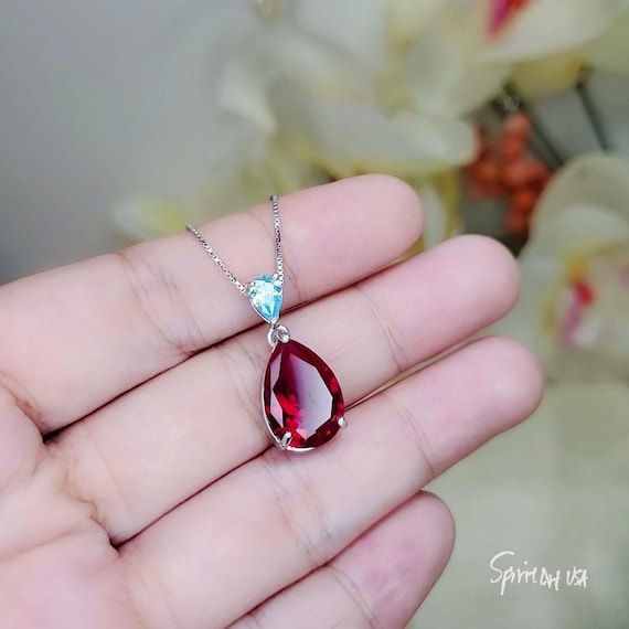 Large Teardrop Ruby Necklace Sterling Silver 6 CT Lab Red Ruby Pendant White Gold Plated Solitaire Red Gemstone Jewelry #699