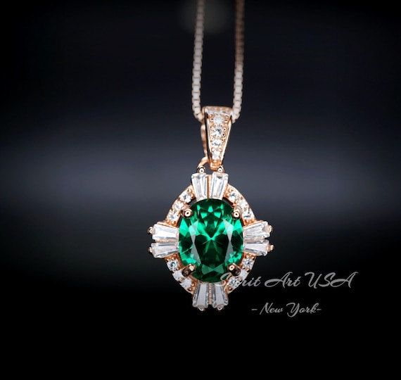 Green Emerald Necklace, Rose Gold coating 925 Sterling Silver Box Chain,  Green Stone Emerald Jewelry #128