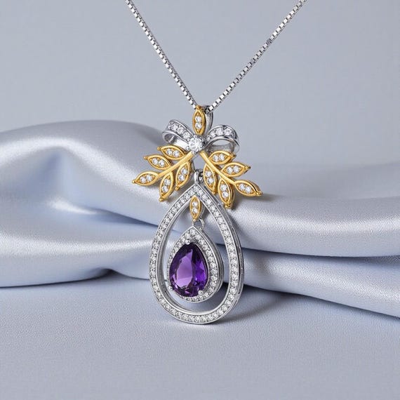 Genuine Amethyst Teardrop Necklace Sterling Silver & 18K Gold, Olive Branch Bow Pendant, February Birthstone Jewelry, Adjustable Chain 1138