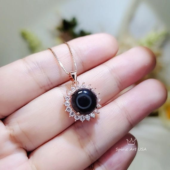 Black Onyx Necklace Rose Gold Coated Sterling Silver made,  Black Gemstone Pendant Sunflower Princess Diana Style Root Chakra Healing  236