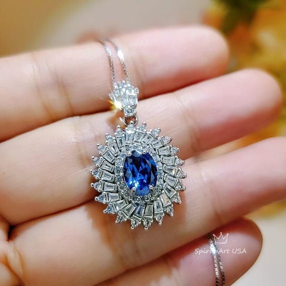 Life Spiral Blue Sapphire Necklace,  White Gold Coated Sterling Silver, Triple Gemstone Blue Sapphire Pendant Royal Whirl Jewelry #843