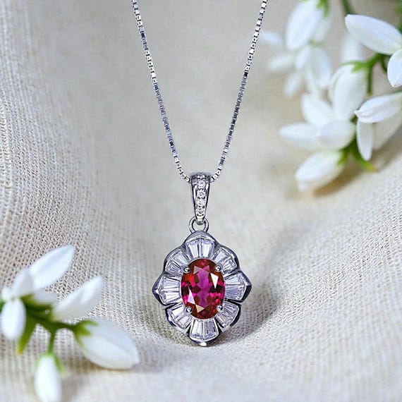 Lab Created Ruby Flower Necklace, 18k White Gold over Silver, Red Gemstone Floral Pendant, July Birthstone   Chain 1146