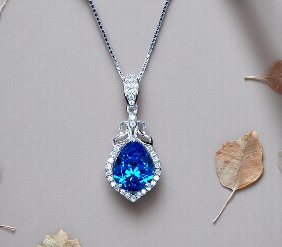 Blue sapphire necklace - 18kgp @ sterling silver - September Birthstone - Pear Cut Teardrop Blue Sapphire Pendant  Chain #315