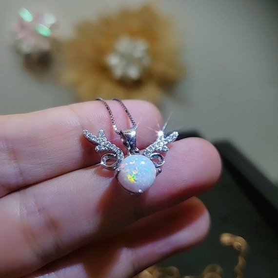 White Opal Necklace - Sterling Silver Diamond Deer Horn Antler Pendant 1099