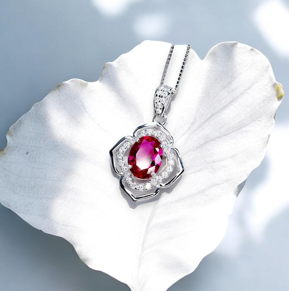 1.5 ct Ruby Necklace Sterling Silver Flower Of Life pendant  White Gold coated small July Birthstone  #1002