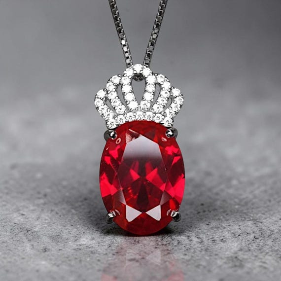 Large Ruby Necklace - Sterling Silver with 18kgp - Solitaire 7 CT Gemstone Crown Red Ruby Pendant - Oval Cut - July Birthstone #839
