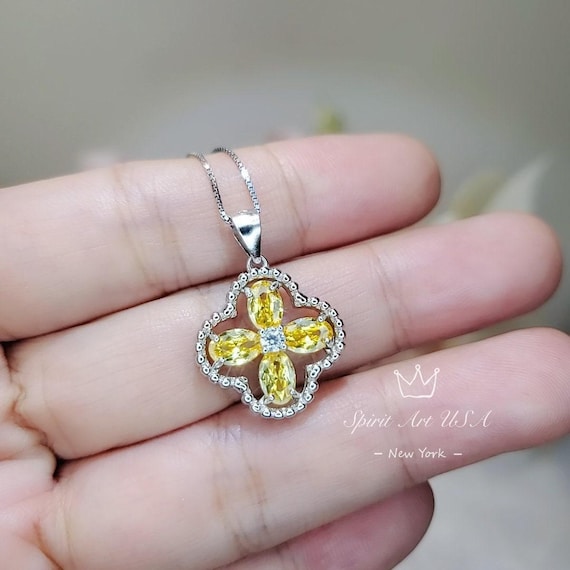 Yellow CZ Necklace - Four Leaf Clover Gold Topaz Pendant - 18KGP @ Sterling Silver - Yellow Citrine Flower Jewelry #1006