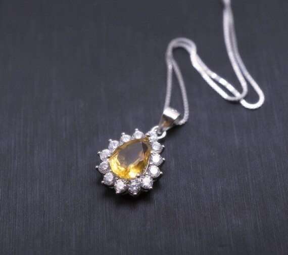 Citrine Necklace -  Solitaire Yellow Gemstone    925 sterling silver teardrop pear Natural Citrine pendant #358
