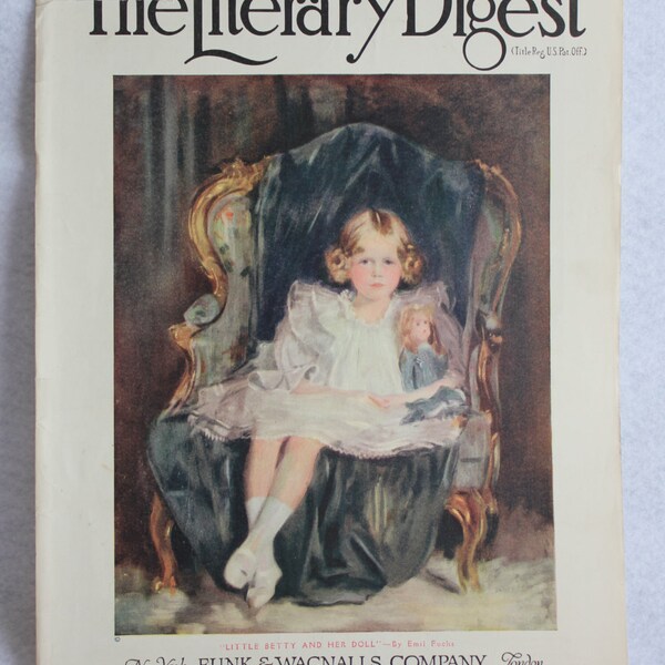 Vintage Magazine Cover The Literary Digest May 1925 "Little Betty and her Doll" by Emil Fuchs art / Certain-teed Advertisement