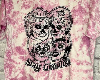 Stay Ghoulish Halloween T-shirt, Golden Girls, Zombies, Acid Washed, Bleached, Distressed, Unique, Pink, Plus Size, 90s, Soft, Gift, Party