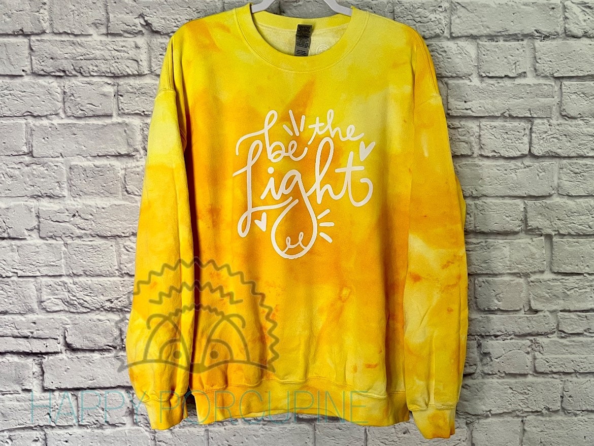 Adult Be the Light Tie Dye Sweatshirt Crewneck, Bright Yellow and