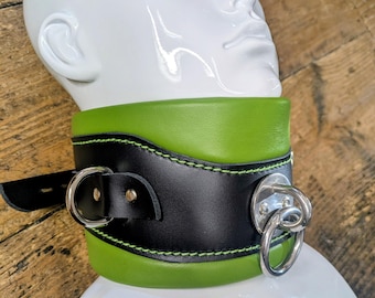 Bondage Wide Collar / Posture Collar Heavy Padded Real Leather Black and Green