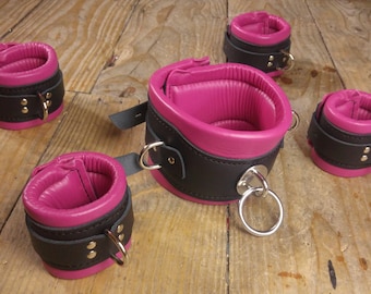 Pink and Black Bondage Cuffs Restraints BDSM Real Leather Heavy Padded Wrist, Ankle Cuffs, and Heavy Posture Collar.