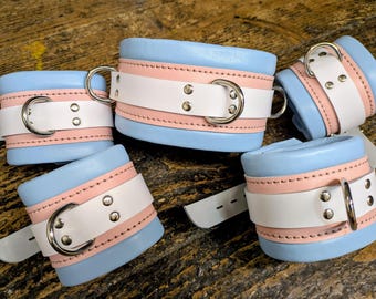 Pink and baby blue Padded Bondage Restraints Wrist, Ankle Cuffs and Heavy Collar