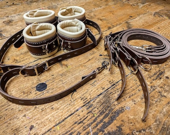 Leather Bondage Restraints Wrist and Ankle Cuffs and Long Bed Attaching Straps, Any colour!