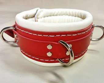 Schweres Bondage Rückhaltehalsband aus Echt Leder Rot und Creme