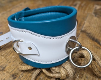 Bondage Wide Collar / Posture Collar Heavy Padded Real Leather White and Turquoise Blue