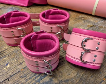 Wide Pink Bondage Restraints Wrist, Ankle Cuffs Super Heavy, Padded, Real Leather ANY COLOR