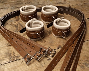 Rustic Leather Bondage Restraints Wrist and Ankle Cuffs and Bed Attaching Straps Natural Brown Leather.