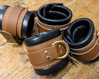 Brown and Black Bondage Cuffs Restraints BDSM Real Leather Heavy Padded Wrist, Ankle Cuffs. Luxury nappa leather.