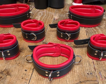 Red and Black Leather Bondage Cuffs, Ankle Restraints, Padded Collar