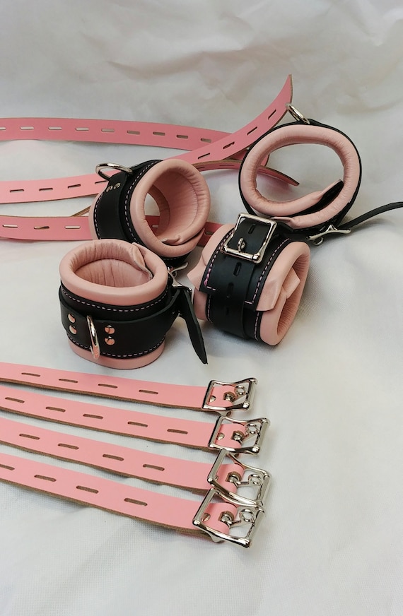 Pink Bondage Cuffs Heavy Bondage Restraints BDSM Real Leather Heavy Padded  Wrist, Ankle Cuffs, and Bed Straps 