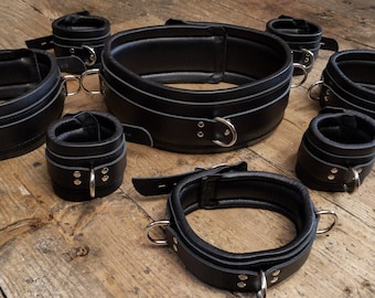 Classic Black Bondage Cuffs Restraints BDSM Real Leather Heavy Padded Wrist, Ankle, Thigh Cuffs, Waist Belt. Exquisite Quality Nappa Lined.