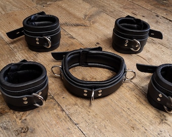 Real Leather Super Delux Heavy Padded Bondage Restraints Wrist, Ankle Cuffs and Heavy Collar