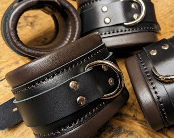Brown and Black Bondage Cuffs Restraints BDSM Real Leather Heavy Padded Wrist, Ankle Cuffs. Luxury nappa leather.
