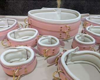 Pink and cream Bondage Cuffs Restraints BDSM Real Leather Heavy Padded Wrist, Ankle, Thigh Cuffs, Waist Belt. Exquisite Quality Nappa Lined.