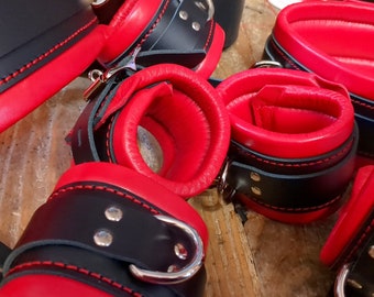 Red and Black Bondage Cuffs Restraints, Wrist, Ankle and Thigh