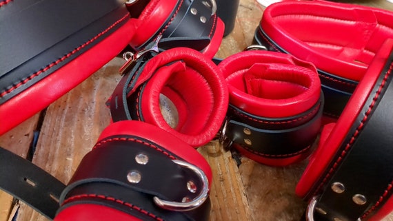 Red and Black Bondage Cuffs Restraints, Wrist, Ankle and Thigh Cuffs and  Heavy Collar Padded Heavy Bondage 